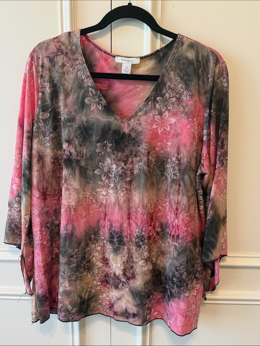 Dress Barn Pink and Gray Floral Tie-Dye V-Neck Tunic